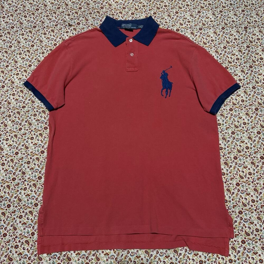 Polo Ralph Lauren Navy Blue Big Pony Salmon Red Polo Shirt Large